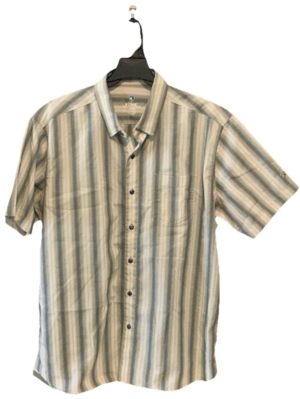 KUHL Men's Large Striped Button-Down Shirt in Cream, Blue and Tan Style 7566